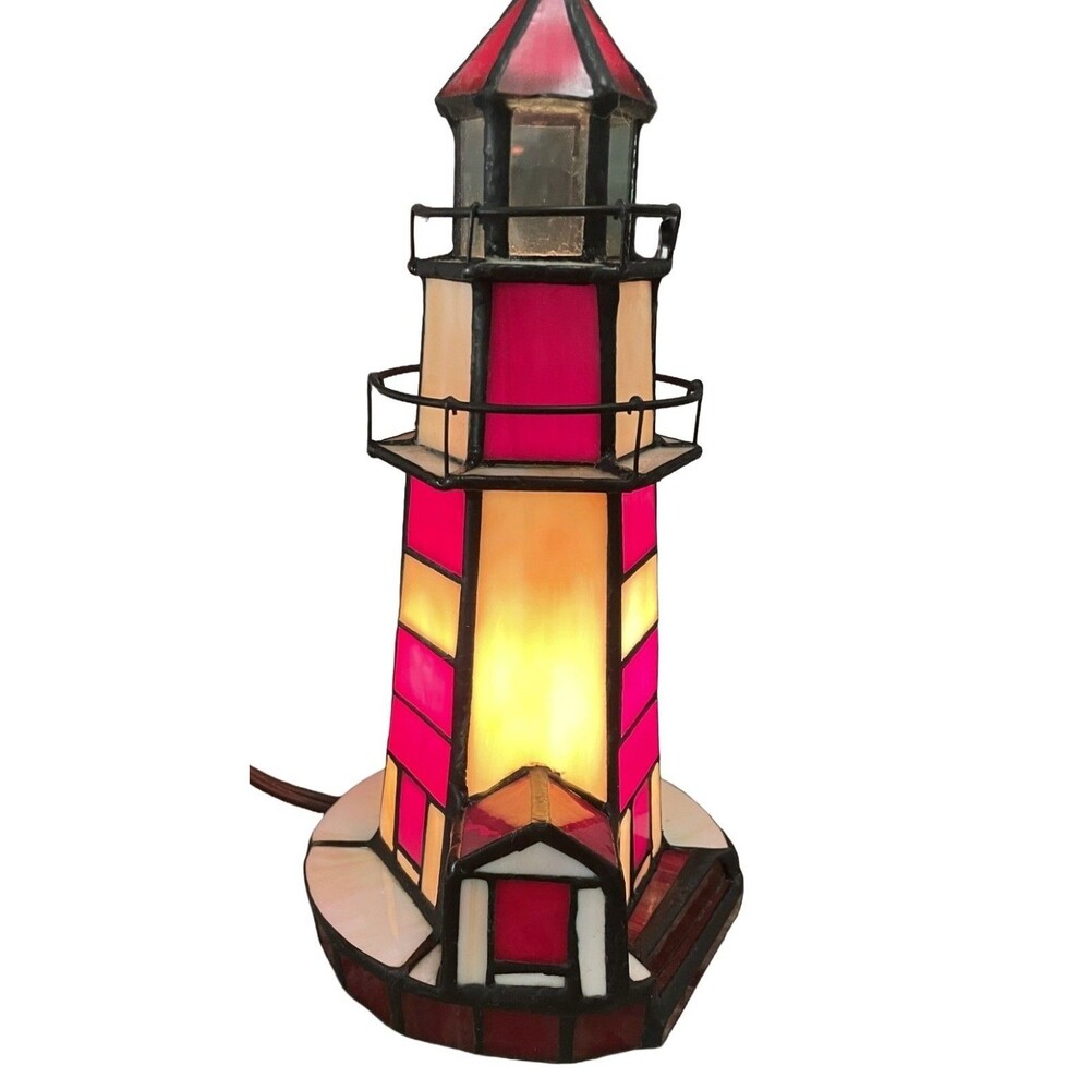 Vintage Tiffany Style Stained Glass Red And White Nautical Lighthouse Table Lamp